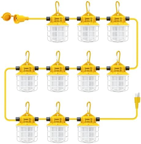 100ft LED Construction String Lights, 150W 15000LM Super Bright LED String Work Light, Construction Temporary Lights apply to Renovation, Courtyard, Jobsite, and All Outdoor Lighting (100ft-10lights) by LightupEveryCorner
