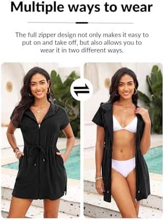 Womens Terry Cloth Cover Up Hooded Swim Cover with Zipper and Pocket - Image 4