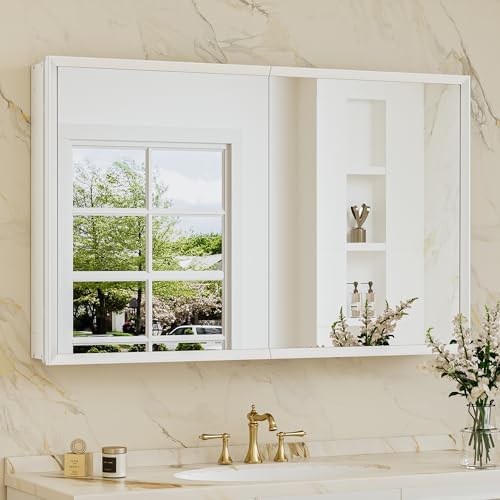 TokeShimi 40 x 26 White Recessed Medicine Cabinet with Mirror, Assembly Required, Bathroom Medicine Cabinet with Mirror, Stepless Adjustable Shelves, Beveled Aluminum Frame, DTC Hinge by TokeShimi