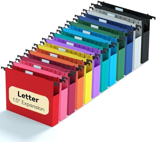 Letter Size Hanging File Folders Extra Capacity,1.5" Expandable Plastic Hang Folder for Filing Cabinet,12 Pack Reinforced Heavy Duty File Folder with Tabs,Filing System for Home Office-Colored by NORDUN
