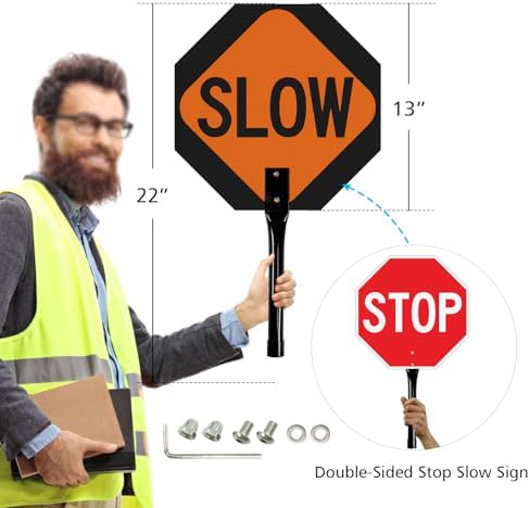 GicnKeuz 2 Pack Stop Slow Sign with Metal Handle, 13x13 inches Double Sided Slow/Stop sign, Traffic Reflective Aluminum Sign, Fade Resistant/Waterproof, Easy to Mount (Red & Orange) - Image 2