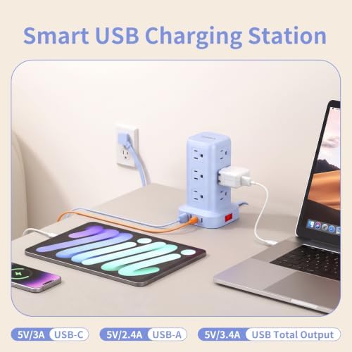 Extension Cord with Multiple Outlets, SMALLRT Power Strip Tower, Outlet Extender with 12 AC Outlets 4 USB, 6.5FT Extension Cord for Home Dorm Room, Office Supplies, Blue - Image 6
