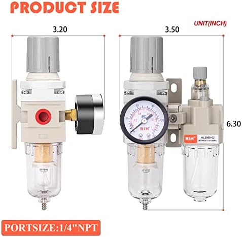RIH 1/4" NPT Compressed Air Filter Regulator Lubricator Combo Water/Oil Trap Separator - Gauge(0-150 psi), Semi-Auto Drain, Poly Bowl,Bracket - 3 in 1 Two Unit (1/4" NPT) - Image 3