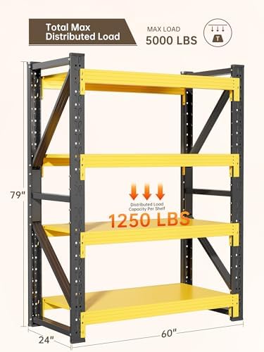 4-Tier Storage Shelves,79" H Heavy-Duty Garage Shelving Unit,Adjustable Industrial Metal Shelf System,5,000lbs Capacity,Tool Organizer for Garage,Workshop,60" W*24" D*79" H,Black&Yellow - Image 3