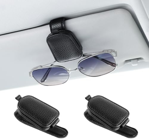 JUSTTOP 2 Pack Sunglasses Holders for Car, Magnetic Leather Buckle Sun Visor Sunglass Clip, Ticket Card Clip Sunglasses Mount, Car Interior Accessories for Men and Women (Black) by JUSTTOP