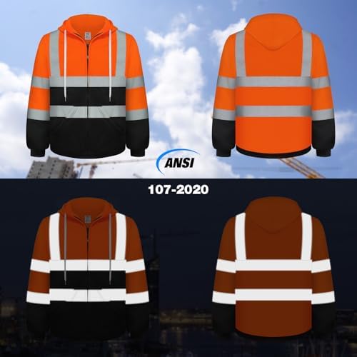 TCCFCCT High Visibility Hoodie for Men Women Class 3 Hi Vis Sweatshirts with Zipper, Reflective Safety Jackets for Men Construction Workers, Surveyors, Dirt-resistant with Black Bottom, Orange S - Image 2