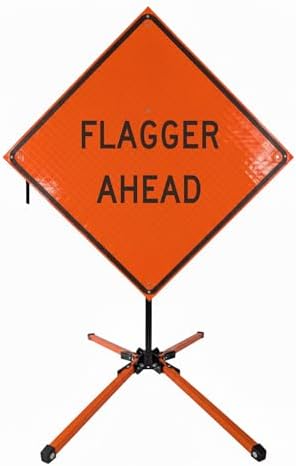 Traffic Roll-Up Sign Kit with Stand – Collapsible Safety Sign & Heavy-Duty Portable Stand, High Visibility, Easy Setup (Flagger Ahead, Reflective) by EASTERNMETALSIGNSANDSAFETY