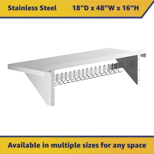 18" x 48" NSF Stainless Steel Wall Shelf, Heavy Duty Pot Pan Rack with Hooks, Commercial Kitchen - Image 2