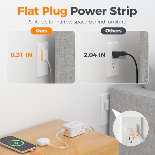 TESSAN Small Flat Plug Power Strip, Ultra Thin Extension Cord 5 ft, White - Image 6
