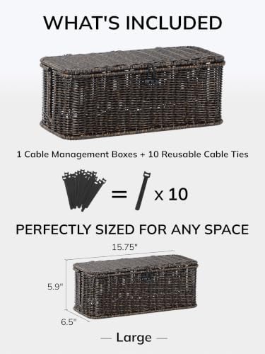 Cable Management Box, Cord Organizer with Lid & Cable Ties - Black, L - Image 2