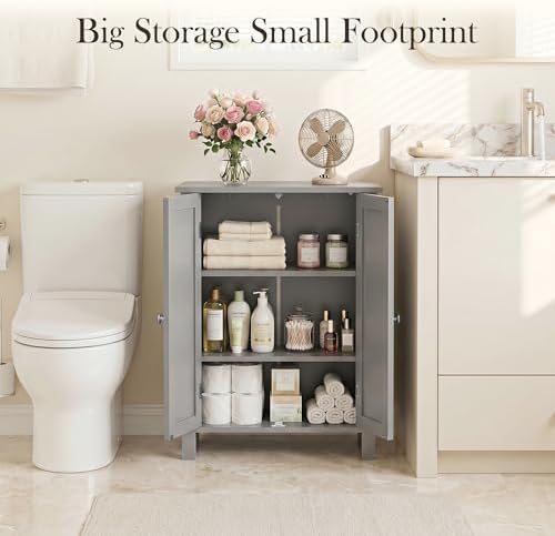 SUPER DEAL Modern Bathroom Floor Storage Cabinet with Adjustable Shelf and Double Door Rust Proof, Living Room Modern Home Furniture Storage Organizer Cabinet, Grey - Image 4