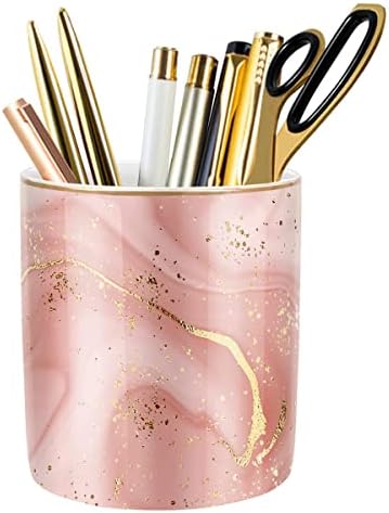 Large Capacity Colored Pen Holder for Desk, Ceramic Pencil Holder Pen Cup Marker Holder Makeup Brush Holders, Desk Accessories & Workspace Organizers for Home, Office, Red Marble by WAVEYU