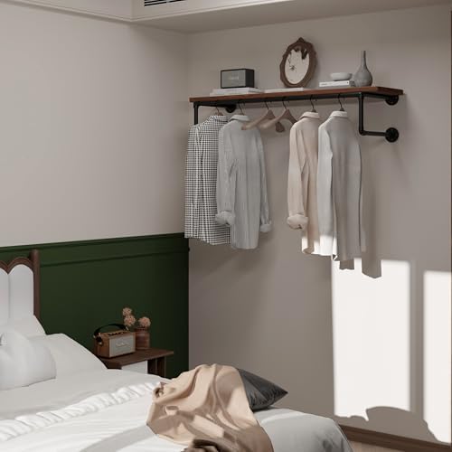 Clothes Rack 42in, Wall Mounted Garment Racks with Real Brown Wood Shelf, Heavy Duty Hanging Clothes Rack, Multi-Purpose Hanging Rod, Space-Saving Closet Storage - Image 3