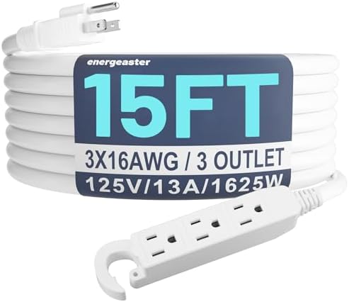 Energeaster 16/3 15 Ft 3 Outlet Extension Cord Outdoor/Indoor, White by energeaster