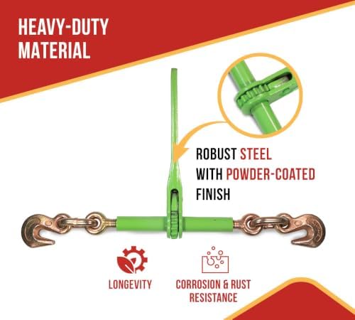 Mytee Products 8 Pack 3/8" - 1/2" Hi-Viz Green Heavy Duty Ratchet Load Chain Binder with Grab Hooks - 9,200 Lbs Working Load Limit - Flatbed Transport Truck Trailer Tie Down Hauling - Image 2