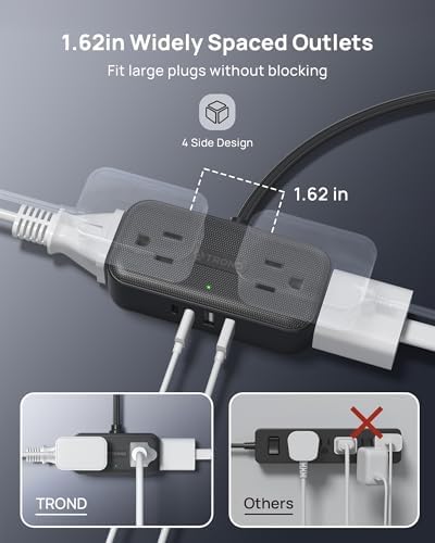 TROND Flat Plug Power Strip, Small Extension Cord 5ft, 4 AC & 4 USB, Black - Image 5
