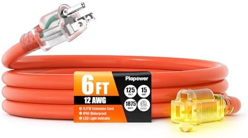 12/3 Gauge Outdoor Extension Cord 6 FT Heavy Duty Waterproof Orange by Unknown