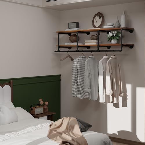 Wall Mounted Clothes Rack 12 Inch Deep, 60 Inch Heavy Duty Garment Rack with Real Brown Wood Shelf, Multi-Purpose Hanging Rod & Space-Saving Closet Storage Organizer - Image 5