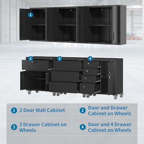 Black Garage Storage Cabinets System 6 PCS Workshop Set with Drawers Locking Heavy Duty Rolling Cart with Adjustable Shelves Garage Tool Workbench Cabinets,6pcs-3 - Image 6