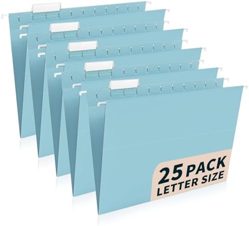25-Pack Hanging File Folders, Letter Size, Includes 35 Transparent Label Cards & 50 Sticker Labels,1/5-Cut Tabs for Home & Office Organization(Light Blue) by Jowaia