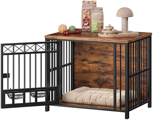 HOOBRO Foldable Dog Crate Furniture with 360° Rotating Double Bowls, Dog Crate End Table, Foldable for Travel, Holds 110 lb, for Small to Medium Dogs, Rustic Brown and Black BF61GW03 - Image 7