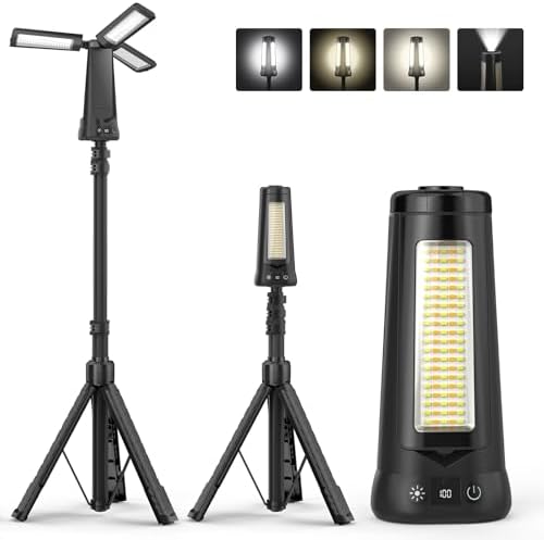 Rechargeable Camping Light with Stand 7 ft Max Height, 15000mAh Portable Cordless LED Work Light, 5500 Lumen 6500/4500/3500K Dimmable Emergency Flashlight with Detachable Tripod, Black by Dimgogo