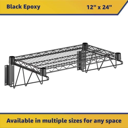 8 Pack 12" x 24" Black Epoxy Wire Wall Mount Shelf, NSF Heavy Duty Metal Wall Mounted Storage Rack, 360 lb Capacity, Commercial Kitchen, Restaurant Shelving - Image 3