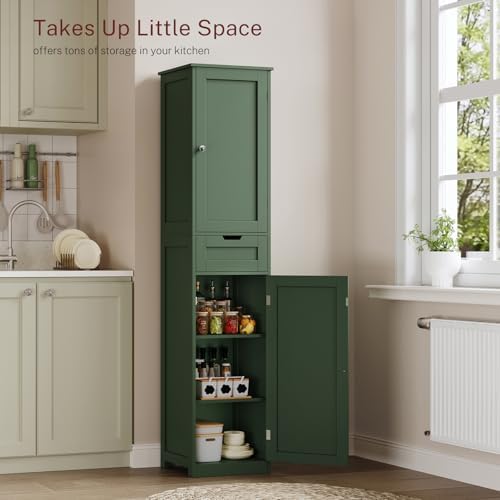 TEENFON Tall Bathroom Cabinet with 2 Doors & 1 Drawer, Narrow Bathroom Storage Cabinet with Adjustable Shelves, for Living Room, Entryway, Kitchen, Forest Green - Image 4