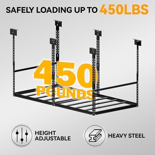 3x6 Ft Overhead Garage Storage Rack, 28-41 inch Height Adjustable Ceiling Mounted Organization Rack, 450 lbs Weight Capacity, 36"x72" Metal Rack for Garage Storage with Hanging Rods - Image 3