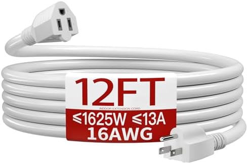 Skrizcable 16/3 12 FT Indoor Extension Cord Flexible, White Power Cord by Skrizcable