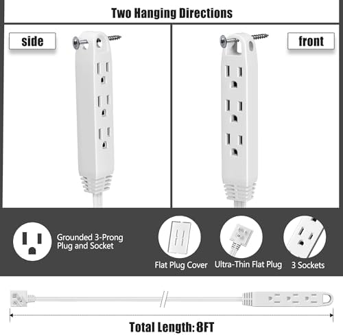 CABOCASA 8FT Flat Plug Extension Cord Power Strip 3 Outlets White Downward - Image 2