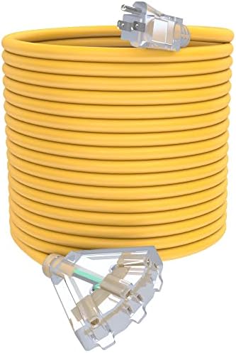 100Ft 12 Gauge Extension Cord with 3-Outlets | Heavy Duty Outdoor Extension Cord with Lighted end, 15A 1875W SJTW, ETL Listed - Great for Garage, Garden and Home, Yellow by PLUGTUL