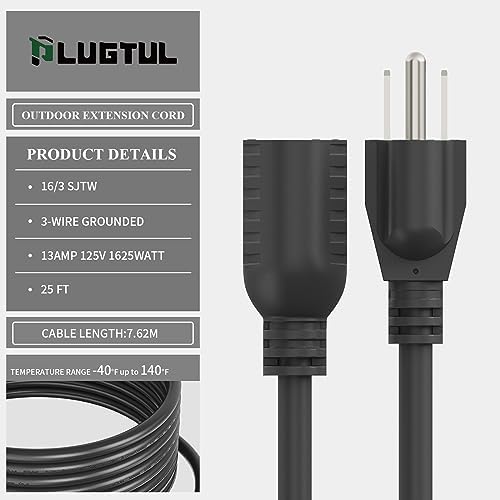 PLUGTUL Outdoor Extension Cord 25 FT | 16/3 Gauge Black Heavy Duty 3 Prong Extension Cord, 13A 1625W SJTW, ETL Listed, Great for Garden and Home - Image 3