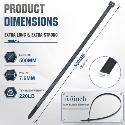 Large Zip Ties 20 inch,60 Pack Long Zip Ties Heavy Duty Big Black Cable Ties with 220 lb Tensile Strength. - Image 2