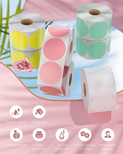 MUNBYN 2 Inch Circle Color Thermal Sticker Labels, Self-Adhesive Round Direct Thermal Labels, Multi-Purpose Roll Thermal Stickers for Business-4500 Labels/6 Rolls, 6 Colors - Image 5