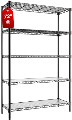 45" W Storage Shelves 5 Tier Wire Shelving, Adjustable Metal Shelving Unit with Shelf Liners, 1875LBS Heavy Duty Storage Rack for Garage Pantry Kitchen Commercial, 45" W x 16" D x 72" H, Black by RackBro