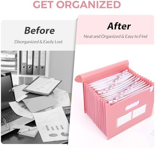 SKYDUE Accordion File Organizer, Expanding File Folder with 13 Pockets, Portable Document Paper Bill Receipt Organizer, Home School Pink Office Supplies, Letter A4 Size - Image 4