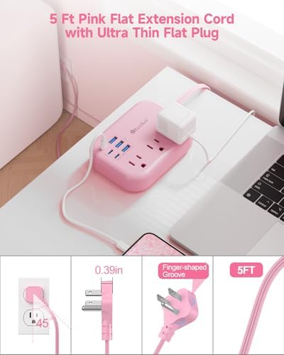 Beeiker 6 USB (3 USB C) Pink Power Strip, 5Ft Extension Cord, 3 Outlets - Image 5