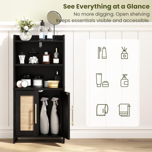 Small Bathroom Storage Cabinet with 2 Doors & Shelf,Rattan Black - Image 4