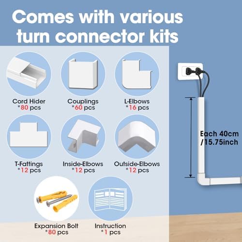 1260in Cord Hider Kit, Cord Covers for Wires on Wall, Paintable Cable Raceway, Cord Hider for Wall Mount tv, tv Cable Hider Wall kit, Wire Covers for Cords, 80X L15.75 X W0.96in X H0.57in, White - Image 3