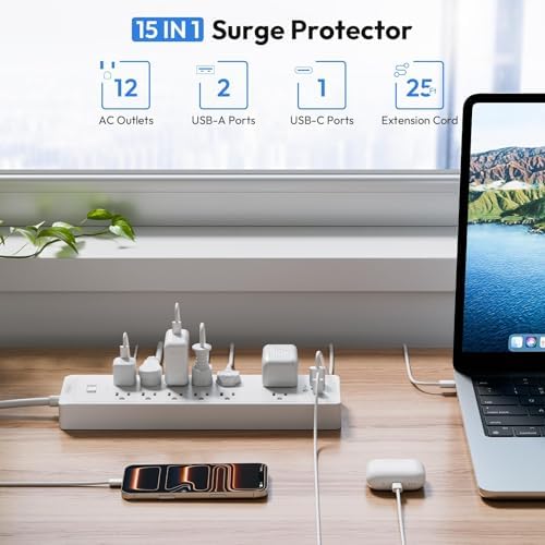 15 ft Extension Cord Flat Plug Power Strip, NTONPOWER 2100 Joules with 12 Outlet 3 USB Port, 1875W/15A, Overload Protection, Long Cord Wall Mountable for Home Office Accessories, White - Image 3