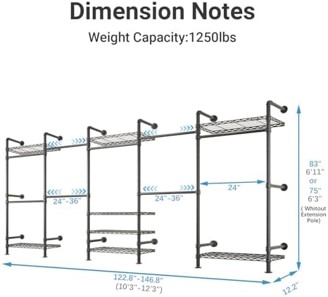 Timate F5 Expandable Wall Mounted Clothes Rack with 8 Adjustable Shelves & 4 Expandable Hanger Rods, Heavy Duty Industrial Pipe Clothing Rack for Hanging Clothes, Fits Spaces 10'3"- 12'3", Black - Image 4