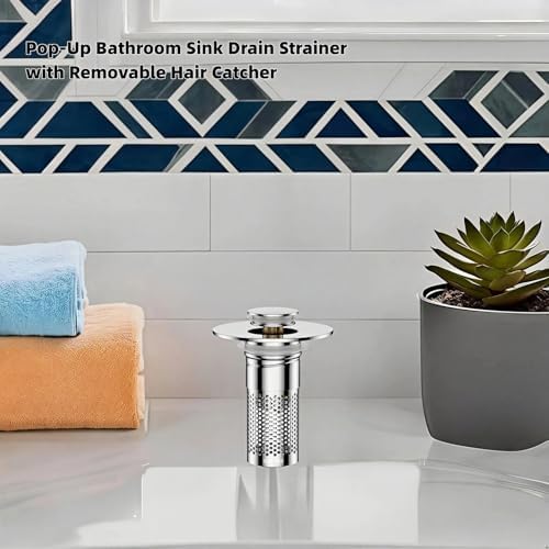 Universal Pop-Up Bathroom Sink Stopper, Stainless Steel Drain Strainer with Removable Filter Basket for 1.1"-2.36" Basin, Push-to-Bounce Core, Bathroom Sink Plug, Hair Catcher, 2 Pack - Image 2