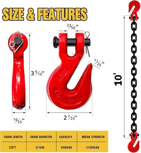 G80 Transport Binder Chain 5/16" x10ft - 4900 lbs WLL Heavy Duty Tow Chain for Trailers & Trucks - Clevis Grab Hooks (Oiled Black) - ASTM A306 Compliant - Image 3