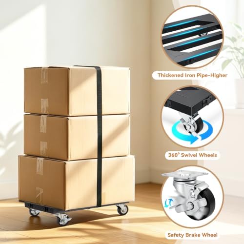 Heavy Duty Furniture Dolly 4 Wheels, 12'' X 16'' Thickened Carbon Steel Moving Dolly with Brake, 1000 LBS Capacity Furniture Movers Dollies for Sofa, Appliances, Cabinet, Equipment(1 Pack) - Image 4