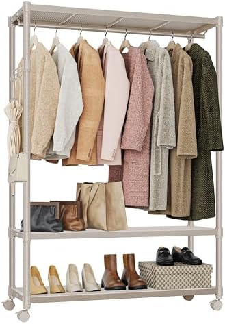IZEUK Heavy Duty Rolling Garment Rack Wire Clothes Rack for Hanging Clothes (Gold, 3 Tier with 1 Rod, 17.7" D x 45.3" W x 70.3" H) by IZEUK
