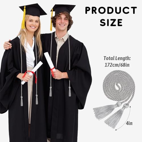 Silver Graduation Cord, Graduation Honor Cords for Class of 2026, Rayon Braided Grad Cord with Tassels, 68" Long Polyester Yarn Honor Ropes for Bachelor, Master, Doctoral - Image 2