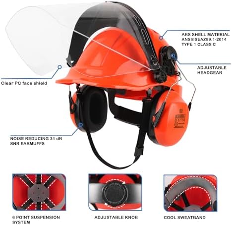 UM ULTRAMAXX 6-in-1 Chainsaw Helmet with Face Shield and Hearing Protection Ear Muffs, Forestry Safety Hard Hat Kits, ANSI Z89.1 Approved Certified Arborist Helmet - Image 2