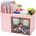 Meiikun Desk Organizer with Drawer, Pen Organizer for Desk, Small Pencil Holder, Desk Organizers and Accessories for Office Home Storage (2 Drawers+4 Compartments, Pink) by Meiikun