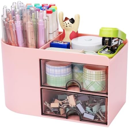 Meiikun Desk Organizer with Drawer, Pen Organizer for Desk, Small Pencil Holder, Desk Organizers and Accessories for Office Home Storage (2 Drawers+4 Compartments, Pink) by Meiikun